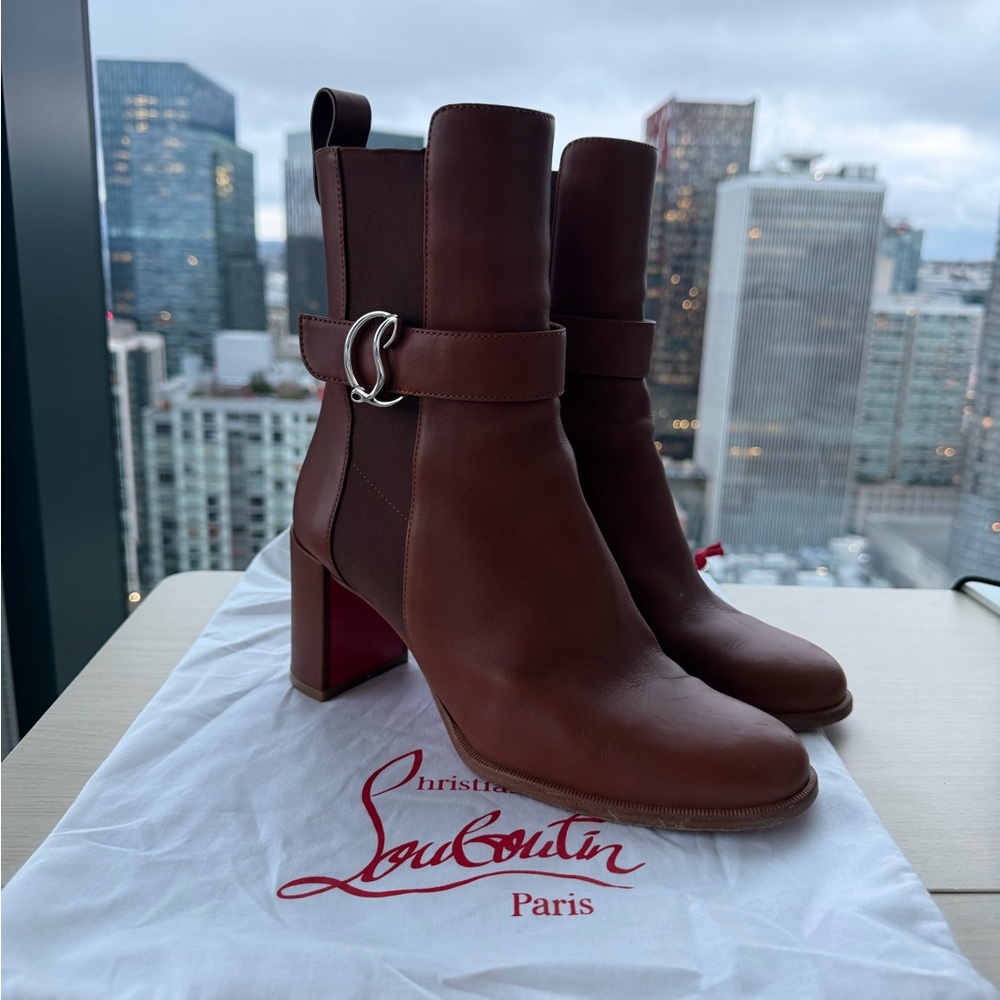 Christian Louboutin Brown Leather Block Heel Mid-Calf Boots with Silver Ring